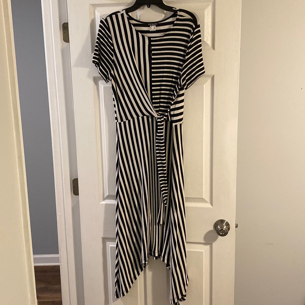 Venus - black and white asymmetrical, midi dress.
